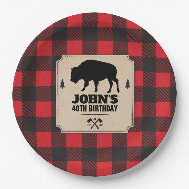 Rustic Kraft Paper Look Buffalo Plaid with Bison Paper Plates (Front)