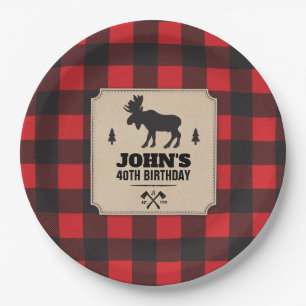 Rustic Kraft Paper Look Buffalo Plaid with Moose Paper Plates