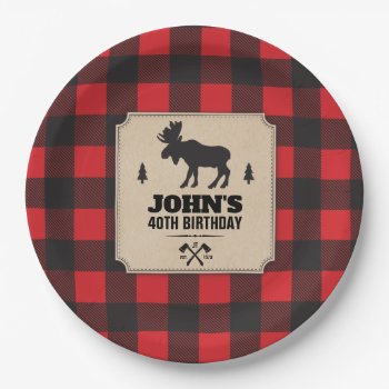 Rustic Kraft Paper Look Buffalo Plaid With Moose Paper Plates by starstreamdesign at Zazzle