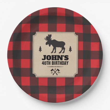 Rustic Kraft Paper Look Buffalo Plaid With Moose Paper Plates