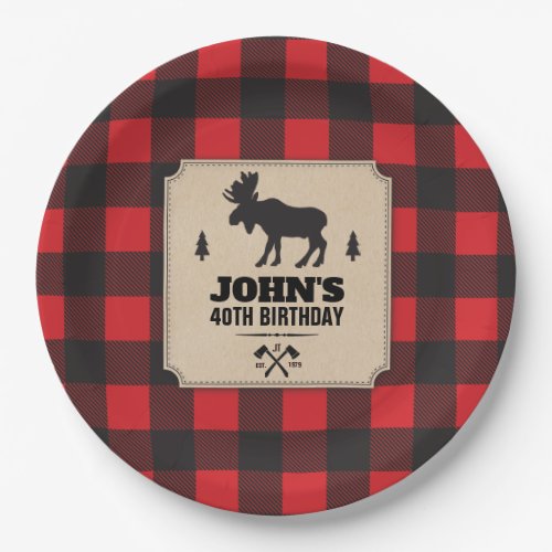 Rustic Kraft Paper Look Buffalo Plaid with Moose Paper Plates