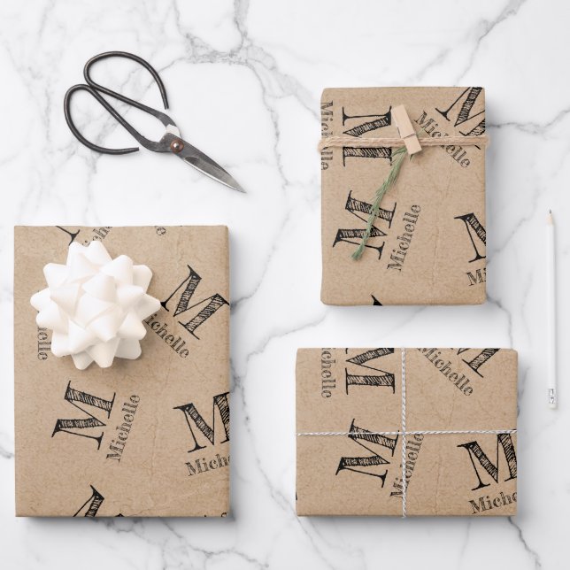 Rustic Kraft Paper Look Monogram Wrapping Paper (Front)