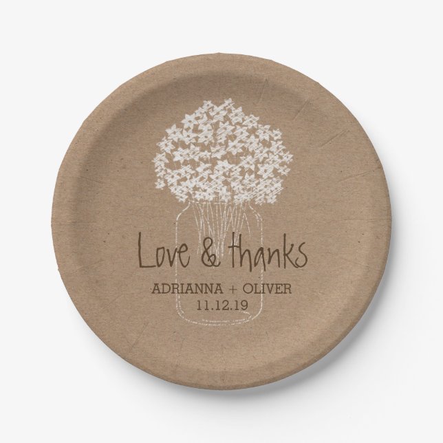 Rustic Kraft Paper Mason Jar Floral Wedding Paper Plates (Front)