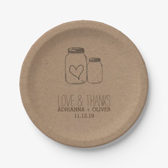 Rustic Kraft Paper Mason Jars Heart Wedding Paper Plate