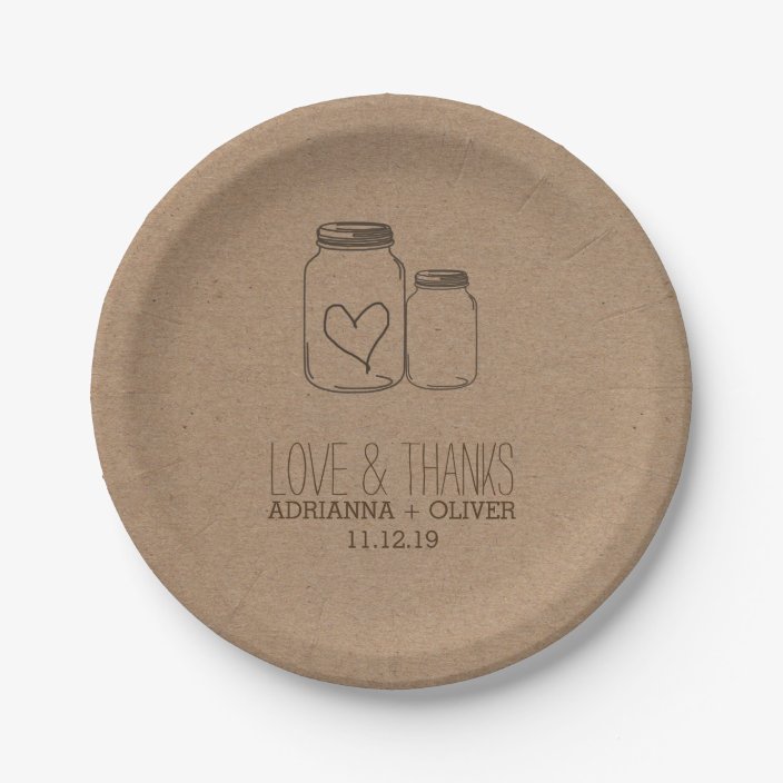 Rustic Kraft Paper Mason Jars Heart Wedding Paper Plate