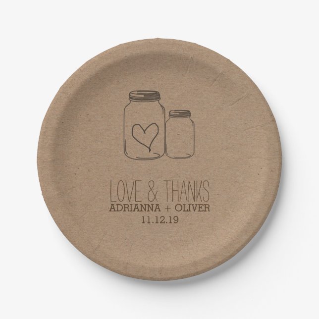 Rustic Kraft Paper Mason Jars Heart Wedding Plates (Front)