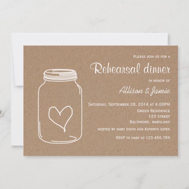 Rustic Kraft Paper Masonjar Heart Rehearsal Dinner Invitation (Front)