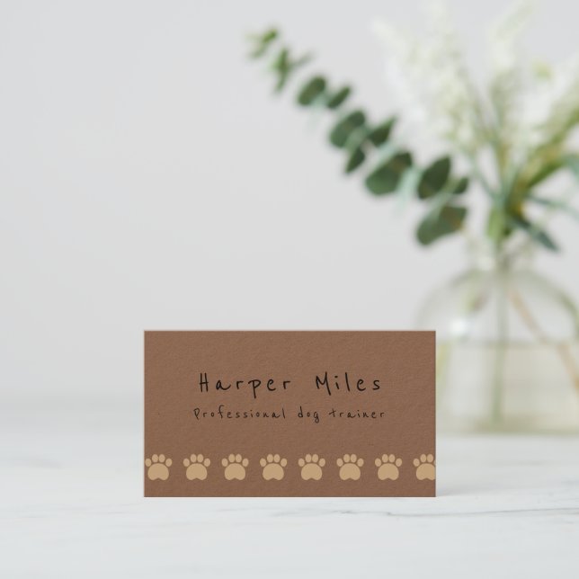 Rustic kraft paper puppy dog trainer business card (Standing Front)