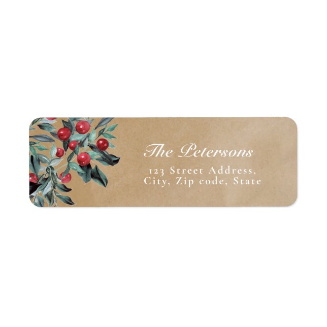 Rustic Kraft Paper Red Christmas Holly Berries Label (Front)