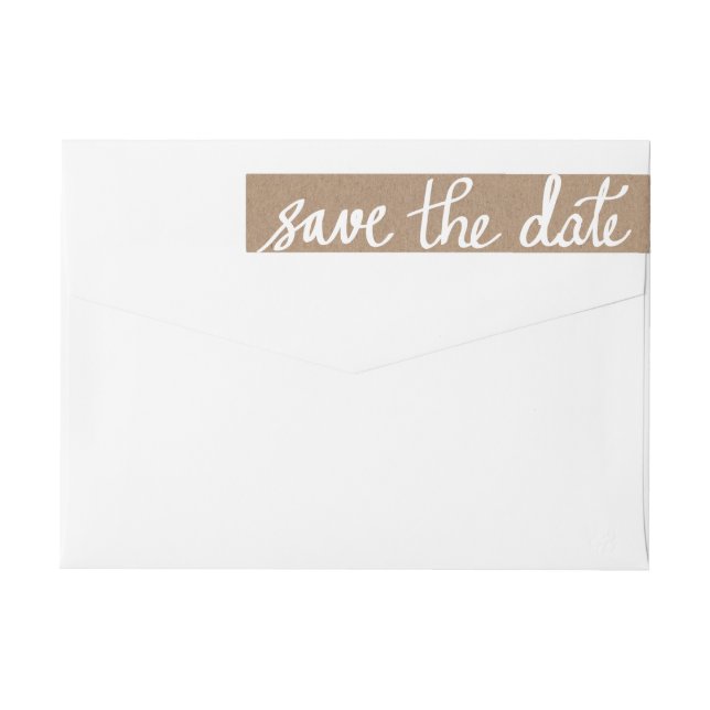 Rustic Kraft Paper Save The Date White Script Wrap Around Label (Back)
