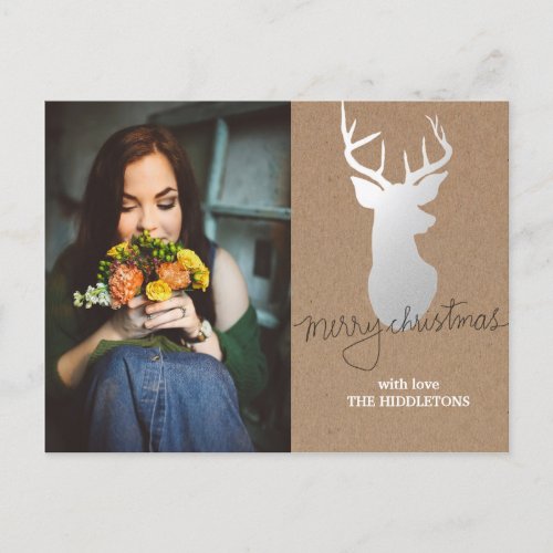 Rustic Kraft Paper Silver Antler Christmas Photo Holiday Postcard