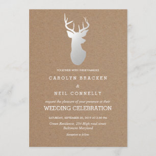 Rustic Kraft Paper Silver Antler Wedding Invitation
