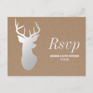 Rustic Kraft Paper Silver Antler Wedding RSVP Invitation Postcard