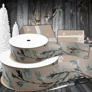Rustic Kraft Paper Silver Blue Juniper Tree Branch Grosgrain Ribbon