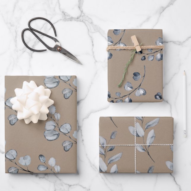 Rustic Kraft Paper Silver Gray Eucalyptus Sprigs (Front)