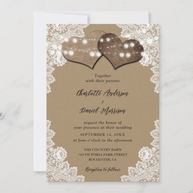 Rustic Kraft Paper String Lights Lace Wedding Invitation (Front)