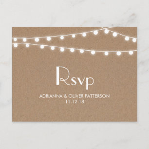 Rustic Kraft Paper String Lights Wedding RSVP Invitation Postcard