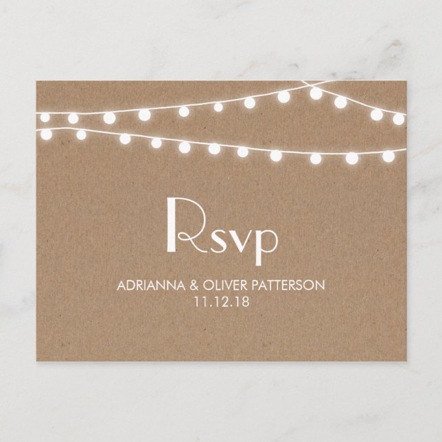 Rustic Kraft Paper String Lights Wedding RSVP Invitation Postcard (Front)
