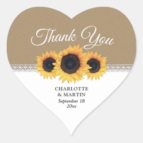 Rustic Kraft Paper Sunflower Wedding Thank You Heart Sticker