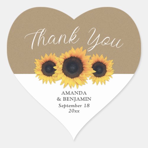 Rustic Kraft Paper Sunflower Wedding Thank You Heart Sticker