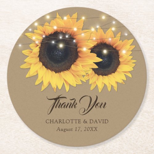 Rustic Kraft Paper Sunflower Wedding Thank You Round Paper Coaster