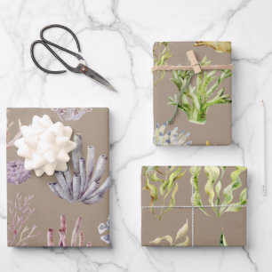 Rustic Kraft Paper Watercolor Corals Weeds Grasses