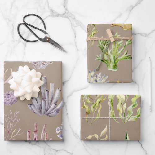 Rustic Kraft Paper Watercolor Corals Weeds Grasses