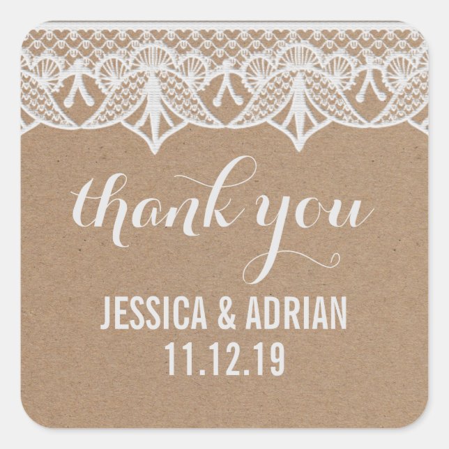 Rustic Kraft Paper White Lace Wedding Favor Square Sticker (Front)