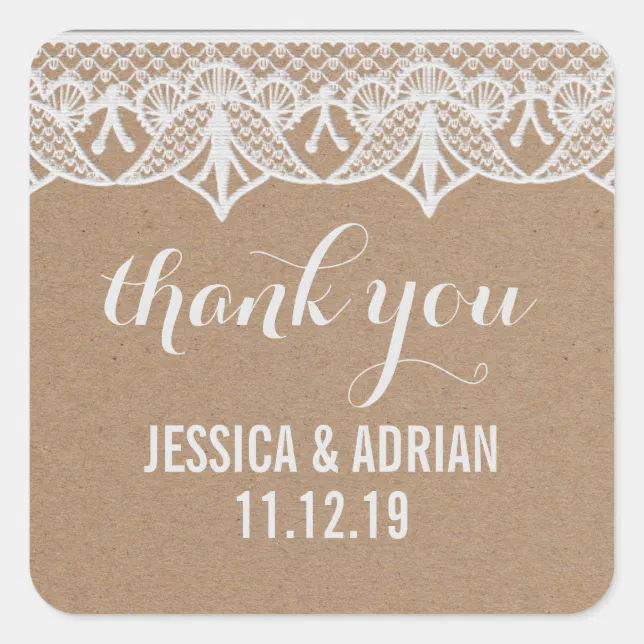 Rustic Kraft Paper White Lace Wedding Favor Square Sticker | Zazzle