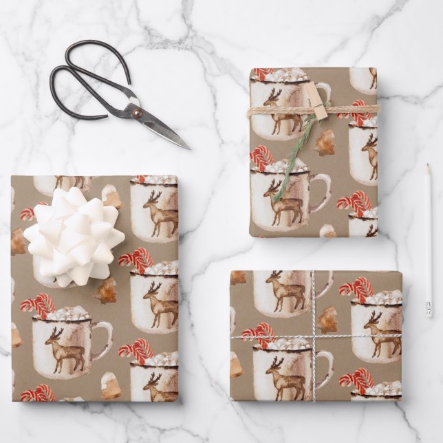 Rustic Kraft Peppermint Cocoa Cookies Reindeer Mug Wrapping Paper Sheets (Front)