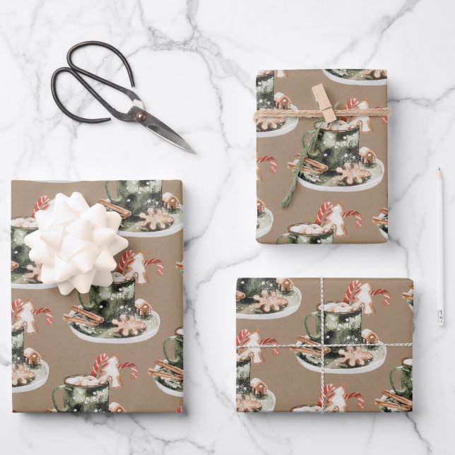 Rustic Kraft Peppermint Cocoa Gingerbread Cookies Wrapping Paper Sheets (Front)