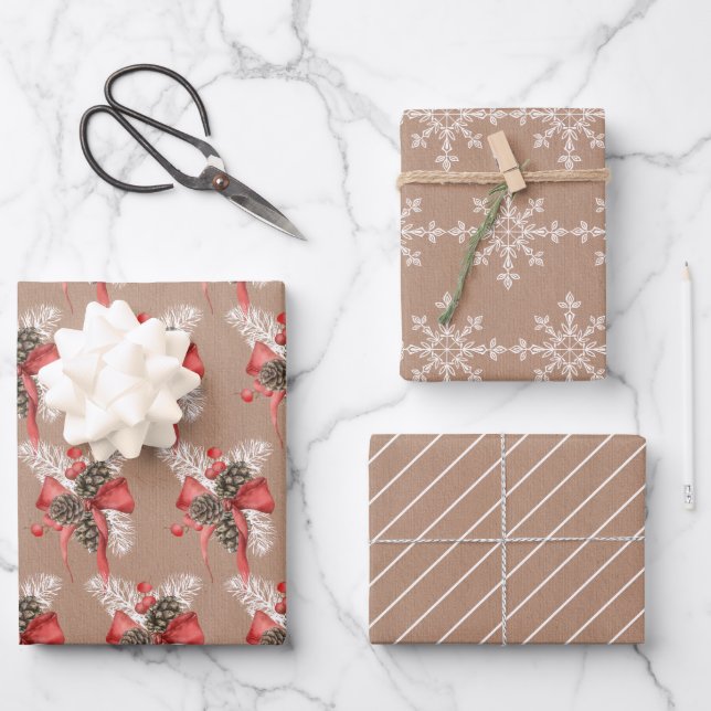 Rustic Kraft Pine Cones, Snowflakes and Stripes Wrapping Paper Sheets (Front)