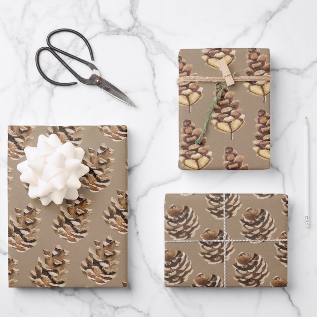 Rustic Kraft Pine Cones Wrapping Paper Sheets (Front)