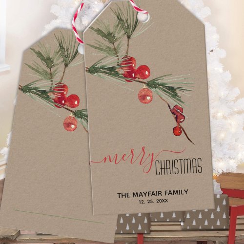 Rustic Kraft Pine Red Berries Merry Christmas Gift Tags