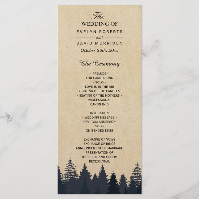 Rustic Kraft Pine Tree Forest Wedding Program (Front)