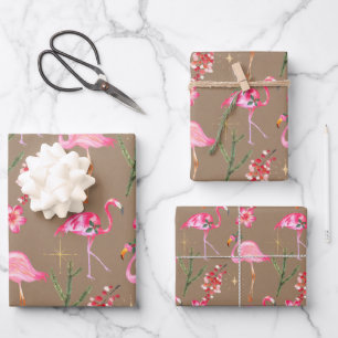 Rustic Kraft Pink Flamingo Christmas Holiday Wrapping Paper Sheets