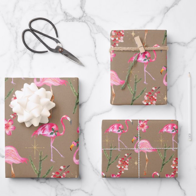 Rustic Kraft Pink Flamingo Christmas Holiday Wrapping Paper Sheets (Front)