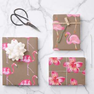 Rustic Kraft Pink Flamingoes & Pink Hibiscus Wrapping Paper Sheets
