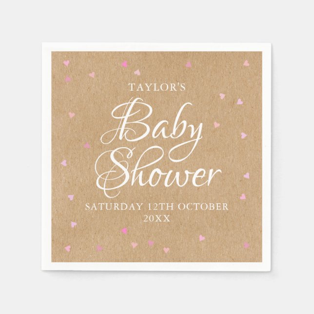 Rustic kraft pink hearts baby shower napkins (Front)