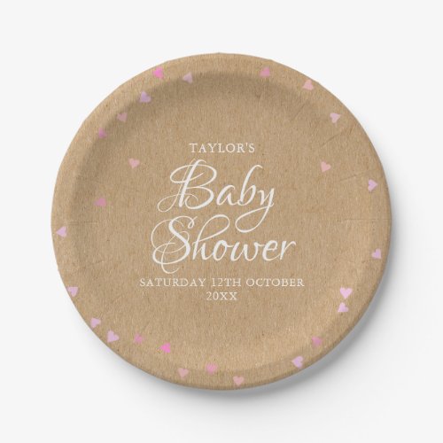 Rustic kraft pink hearts baby shower paper plates