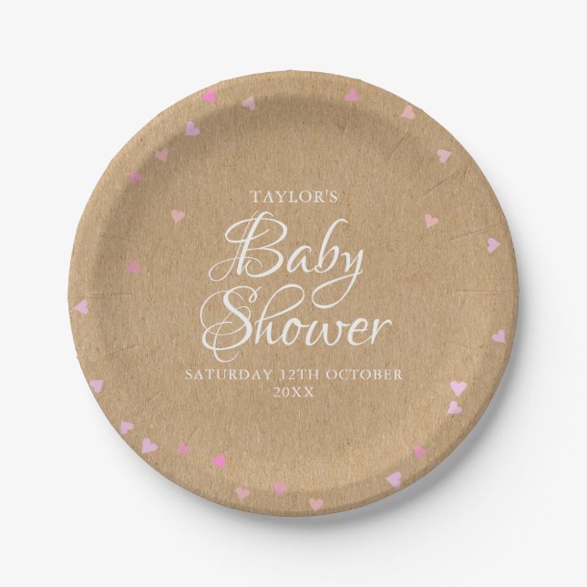 Rustic kraft pink hearts baby shower paper plates (Front)