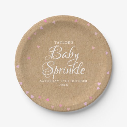 Rustic kraft pink hearts baby sprinkle paper plates