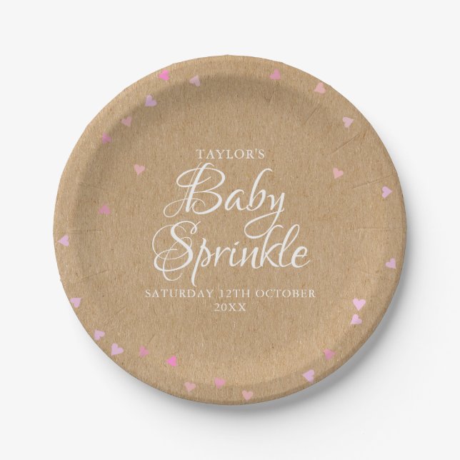 Rustic kraft pink hearts baby sprinkle paper plates (Front)