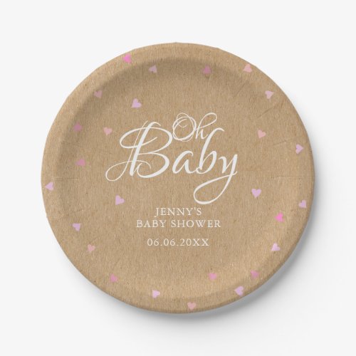 Rustic Kraft Pink Hearts Oh Baby baby shower Paper Plates