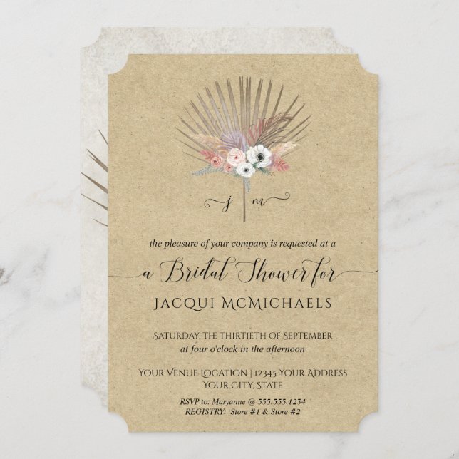 Rustic Kraft  Pink Tropical Floral Bridal Shower Invitation (Front/Back)