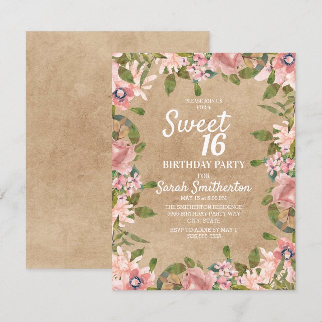 Rustic Kraft Pink Watercolor Floral Sweet 16 Invitation (Front/Back)
