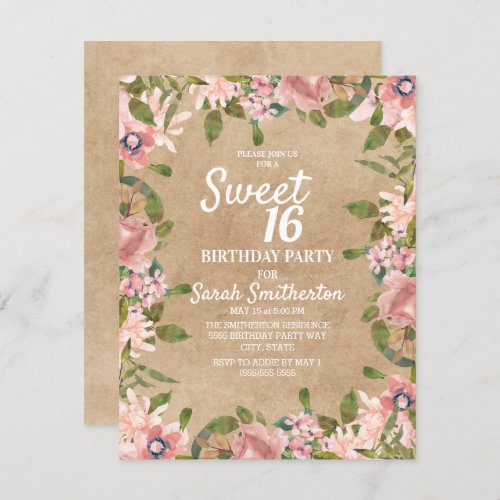 Rustic Kraft Pink Watercolor Floral Sweet 16 Invitation