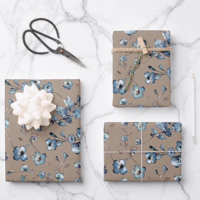 Rustic Kraft Pretty Dusty Blue Small Flower Garden Wrapping Paper Sheets (Front)