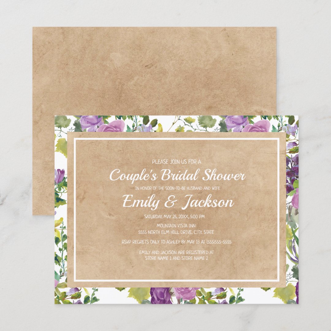 Rustic Kraft Purple Floral Couple's Bridal Shower Invitation | Zazzle