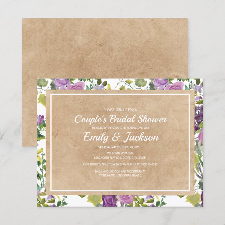 Rustic Kraft Purple Floral Couple's Bridal Shower Invitation | Zazzle